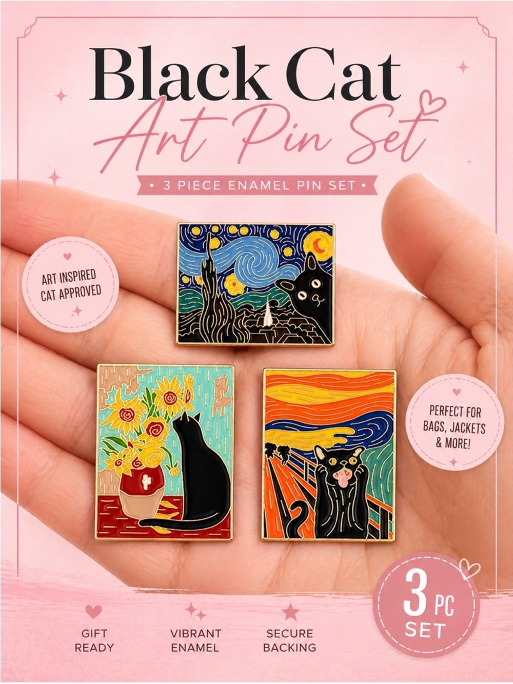 Black Cat Art Enamel Pin Set 3pc Van Gogh Munch Sunflowers NWT Gift Cute - Picture 8 of 11